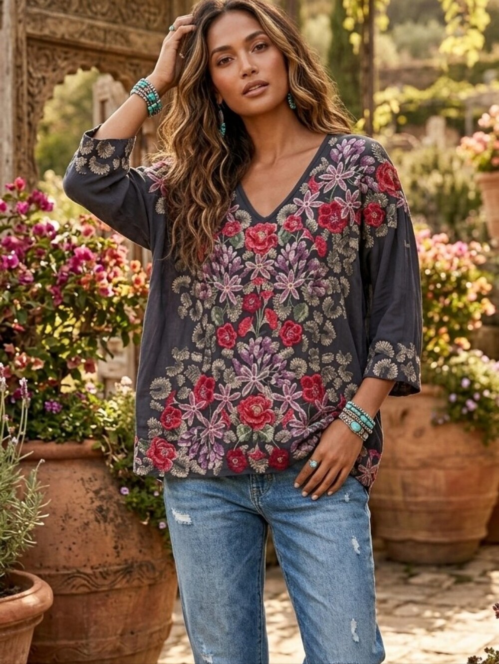 Johnny Was Leopard Rose Embroidered Blouse